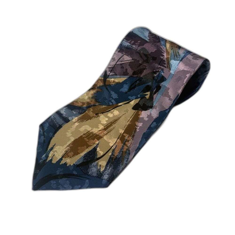 Vintage Italian Silk House Silk Tie Blue Gold Abstract Brushstroke Wide USA